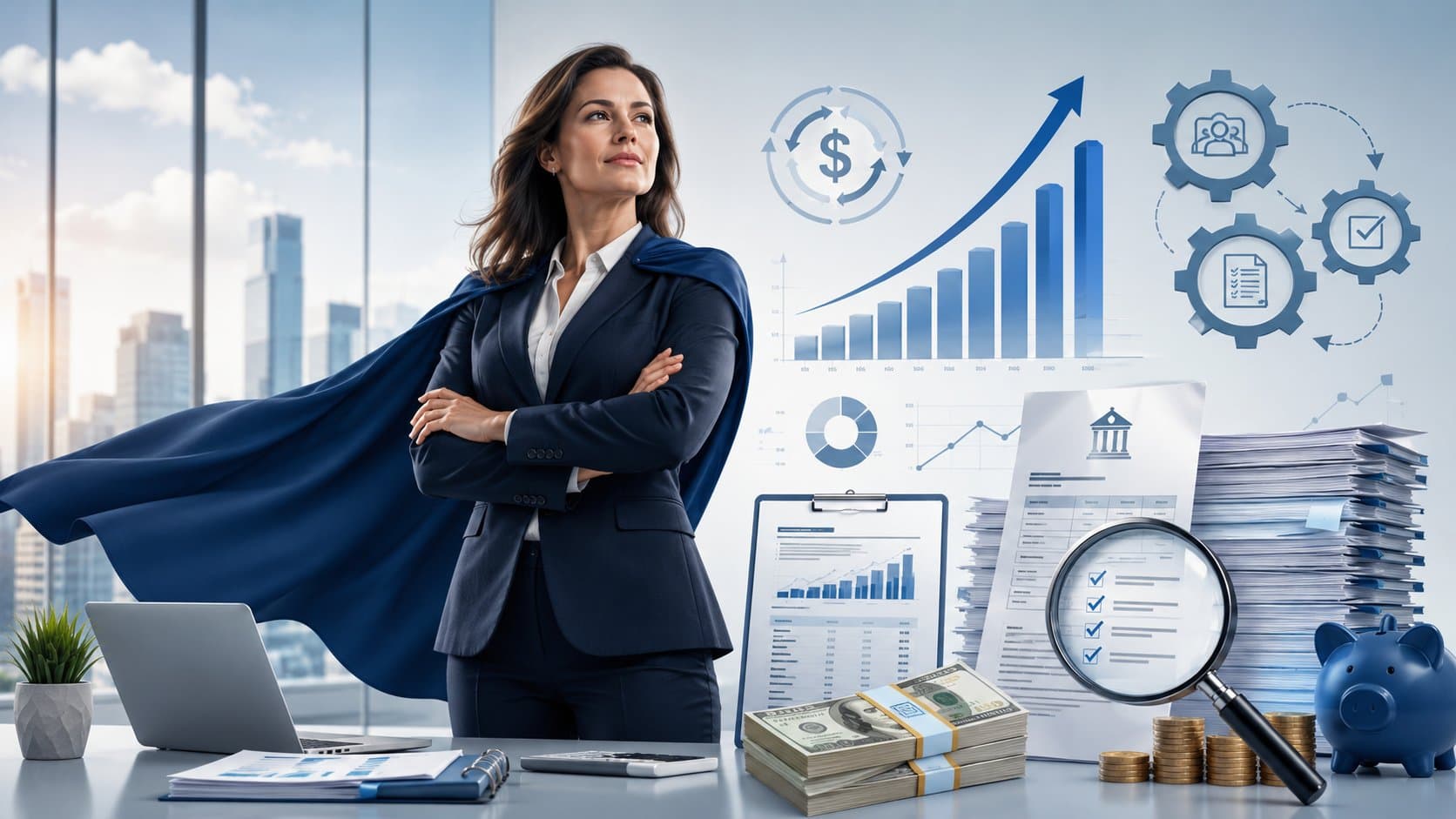A financial leader in a business suit wearing a cape, standing beside a rising chart, stacks of invoices, and recovered cash, representing sales and use tax refund recovery.